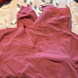 Mandala Women's V-Neck Scrub Large Top and Medium Drawstring Pants - Dusty Rose